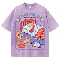 Wake Me Up Pattern Washed Mens T Shirts Comfortable Breathable T-Shirt Unisex Cotton  Clothes Casual Oversize Top S