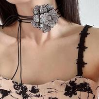 Vintage full diamond chocker flower collar simple wax thread pull multi-layer fringed necklace Rhinestone