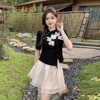 Chinese Style Fashion Women Summer Gentle Frog Button T-shirt with Mesh A-line Skirt Two-piece Set M juoda