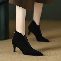 Fashion FHANCHU Nubuck Flock Ankle Boots,Women High Heels Booties,Fall/Winter Shoes,Pointed Toe Botas,Deep V Shape,Black,Brown,Dropship 35