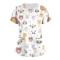 Dogs And Cats Print Scrub Tops Women Vet Nurse Uniform Cotton Short Sleeve Blouse Pet Groming Veterinaria Working Clothes Top S