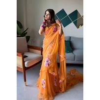 New Designer Launch – Ruffle Glam Georgette Lehenga Saree (Ready to Wear) oranžinė