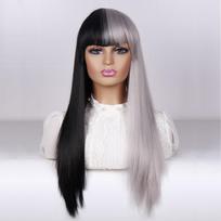 MERISIHAIR pusiau pilki pusiau juodi perukai Ilgi tiesūs Lolita Cosplay perukas su kirpčiukais Sintetinis karščiui atsparus Helovino vakarėlio perukas moterims gray