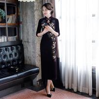 IELGY Nauja aksominė cheongsam moteriška retro mamos suknelė su karoliukais cheongsam kasdienis pasirodymas ilgas cheongsamas S violetinė