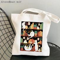Moterų pirkėjų krepšys juokingos katės knygoje Spausdintas Kawaii krepšys Harajuku pirkinių drobė Shopper Bag mergaičių rankinė Nešioti pečių moteriškas krepšys 24*26cm
