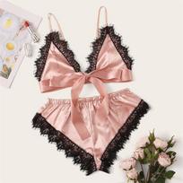 Moterys In Satin Silk Pižama Naktinis apatinis trikotažas Nėriniuotas apatinis trikotažas miegui Seksualus apatinis trikotažas moterims Didelio dydžio moteriškas apatinis trikotažas S rožinė