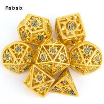 7 Pcs Golden Blue Rotary Cyclone Metal Dice Hollow Metal Polyhedral Dice Set Suitable for Role-Playing RPG  Board Game Card Game geltona