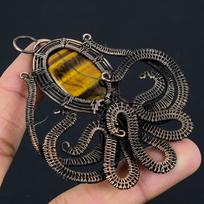 Octopus Shape Tiger Eye Gemstone Pure Copper Wire Wrapped Handmade Jewelry Pendant For Gift 3.31 Inches geltona