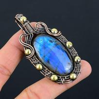 Fancy Labradorite Gemstone Pure Copper Wire Wrapped Handmade Pendant Jewelry 2.95 Inches mėlyna
