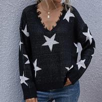 YYFS Women's Fashion Casual Pentagram Print Autumn Winter Long Sleeve V-Neck Loose Sweaters S juoda