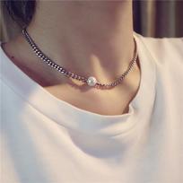 Popular Pearl Neckchain Women's S925 Sterling Silver Retro Thick Chain Design Beautiful and Versatile Pearl Collar Necklace 38CM gray