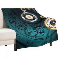 Clock with Gears on Green Background ( Steampunk ) Throw Blanket Winter bed blankets Flannel Fabric Soft Plush Plaid Soft Plaid 75x100cm (30x40inch) black