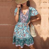 YYFS Women's Fashion Summer Spring Bohemia Flower Pattern Print Short Sleeve V-Neck Middle Waistline Casual Dresses S žalia