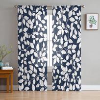 Tamsiai mėlyna lapų vijoklio rašto Mann tekstūros miegamojo permatomos užuolaidos, šventinė dekoracija, lango voilo tiulio užuolaida 135W x 114H(cm)