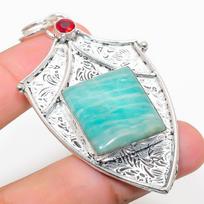 Natural Amazonite, Garnet Gemstone 925 Sterling Silver Pendant 2.84  o0u87 blue