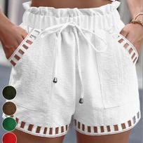 High Street Women Pocket Slim Shorts Summer Lace-up Hollow Out Trousers Casual Female Elastic Waist Solid Color Pants XXL balta