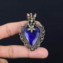 Lab-Created Blue Sapphire Gemstone Handmade Pure Copper Wire Wrapped Pendant Jewelry 2.56 Inches mėlyna