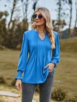 2024 Flare Sleeves Pleated V-neck T-shirt Women's Top S mėlyna