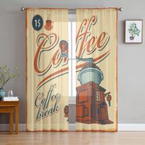 Retro Banner With The Coffee Grinder Cafe Chiffon Sheer Curtains for Living Room Bedroom Window Curtain Voiles Tulle Cortinas 135W x 114H(cm) beige