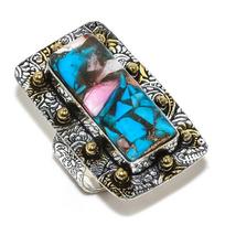 Natural Spiny Oyster Gemstone Two Tone 925 Sterling Silver Ring Size 6.5 g5F23 blue