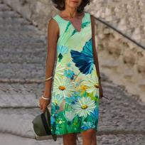 Women V Neck Summer Carving Daisies Print Dress Casual Sleeveless Fashion Casual Loose Sexy Dresses Plus Size XS-8XL XS mėlyna