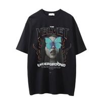 Figure Print Washed Old Short Sleeved T-shirt for Men's American Fashion Brand Loose Round Neck Half Sleeve Summer Quarter Sleeve XL gray
