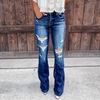 Women's Jeans Temperament Broken Holes Micro Flare Casual Trousers S tamsiai mėlyna spalva