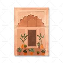 Rožinės Indijos durys Maroko kelionių meno spaudinys Drobė Palmės kaktusas Kemperio sienų tapyba Boho botanikos plakatas Namų kambario dekoras 21x30cm No Framed