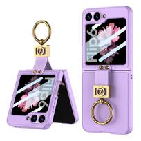 Prabangus PU odinis kietas kompiuterio telefono dangtelis, skirtas Samsung Galaxy Z Flip 6 5 4 3 dėklas, atsparus smūgiams su mažu ekrano apsaugos žiedo laikikliu For Galaxy Z Flip 6 violetinė