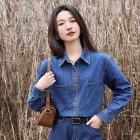 Hong Kong Style Denim Shirt Women's Spring and Fall Inside The Stacking Bottoming Blouse Shirt S tamsiai mėlyna spalva