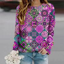 Tops For Women Dopamine Retro Grid Print Round Neck Long Sleeve T-shirt Fall Casual Slim Pullover Women's Long Sleeve Top XS violetinė