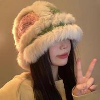 Dopamine Bucket Hat Female Winter Rabbit Hair Knitted Fluffy Face Small Warm Lion Hat Big Head Circumference Wool Hat beige