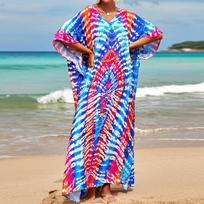 Moteriška Boho Cover Up, didesnio dydžio kontrastinga laisvai priglundanti „Vacay Beach Kaftan“ suknelė One Size blue