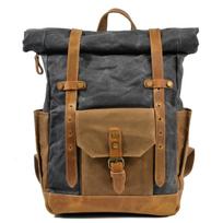 Oil Wax Waterproof Canvas+crazy Horse Skin Travel Backpack Computer Bag Large Outdoor Unisex Backpack tamsiai pilka spalva