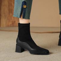 Krazing Pot Cow Skin Flock Autumn Winter Shoes Big Size Modern Boots Med Heels Patch Work Square Toe Keep Warm Size 43 Ankle Boots 34 juoda