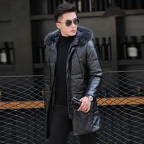 Žieminė odinė striukė vyriška vidutinio ilgio ir ilga, slim fit, su gobtuvu, pašiltinta, madingas aukštos klasės paltas M juoda