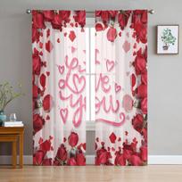 Red Rose Flower Love Window Treatment Tulle Modern Sheer Curtains for Kitchen Living Room the Bedroom Curtains Decoration W135 x H114cm brown