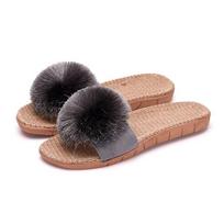 Fashion Linen Platform Slippers Women Home Hairball Designer Shoes Girls Fashion Casual House Elegant Slippers Flats Open Toe Indoor 35-36fit34-35 pilka spalva