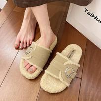 Women's Shoes 2024 Women's Slipper Flip-flop Platform Low New Massage Soft Plush Fabric Rubber Roman Hoof Heel Sliders 35 chaki