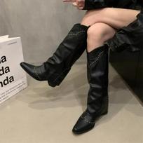 Fashion Vintage Brown V Buckle Chelsea Botas Fashion Pointed Toe Western Cowboy Boots Rivet Design Pipe Boots for Women Non-slip Boots 35 juoda