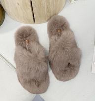 Fashion real rabbit hair warm winter flats fur slippers cross band open toe plush outside slides women casual slip-on lazy flip flops 5 chaki