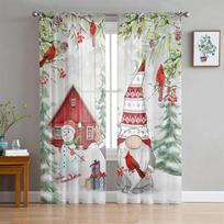 Cute Christmas Snowman Snow Scene Tulle Curtains Blinds for Living Room Bedroom Decoration Chiffon Sheer Voile Window Curtain2Pc W65X60H(cm)X2Pcs&Hook