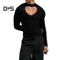 Vyriški viršutiniai tuščiaviduriai elastiniai ilgomis rankovėmis Slim Fit vienspalviai marškinėliai su kaklu, skirti klubiniams vakarėliams Gėjų vyriški Cosplay drabužiai S juoda