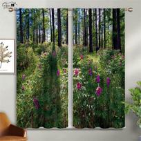Forest Scenery 3D Printed Curtains Woods Flowers Green Sunshine Autumn Maple Leaves Natural Vitality Rod Pocket Curtains 2PCS W50xH130(CM)x2PCS&Rod pocket black