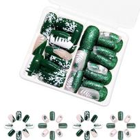 48 Pcs Green Press On Nails Short Square False Nails Christmas Full Cover Stick on Nails with Snowflake Designs black