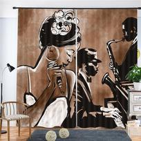 Retro Design Curtains for Children, Illustration of Jazz Band, Playing the Blues, New York in Moonlight, Boys Curtains, Living R 100W160H(CM)40x63in&Hook