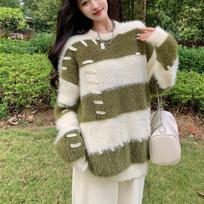 Lazy Style Design Plush Knit Sweater Top for Autumn and Winter Women Thick Mink Fur Striped Sweater S