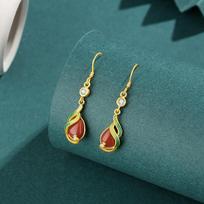 925Silver New Chinese Style Phoenix Earrings Court Waterdrop Shiny Gold Earrings Southern Red Agate  Decorations 925 silver gray