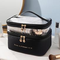 Chic Double Layer PU Cosmetic Bag - Transparent Design, Large Capacity, Suitable for Travel & Makeup Storage, Unscented, Unisex-Adult juoda