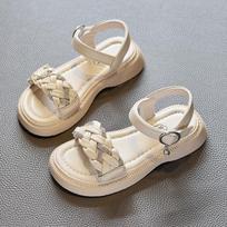 Summer Children Beach Sandals Girls Hook & Loop Toddler Breathable Bling Weave Style Fashion Princess Kid Dress Party Flat Shoes 26 smėlis